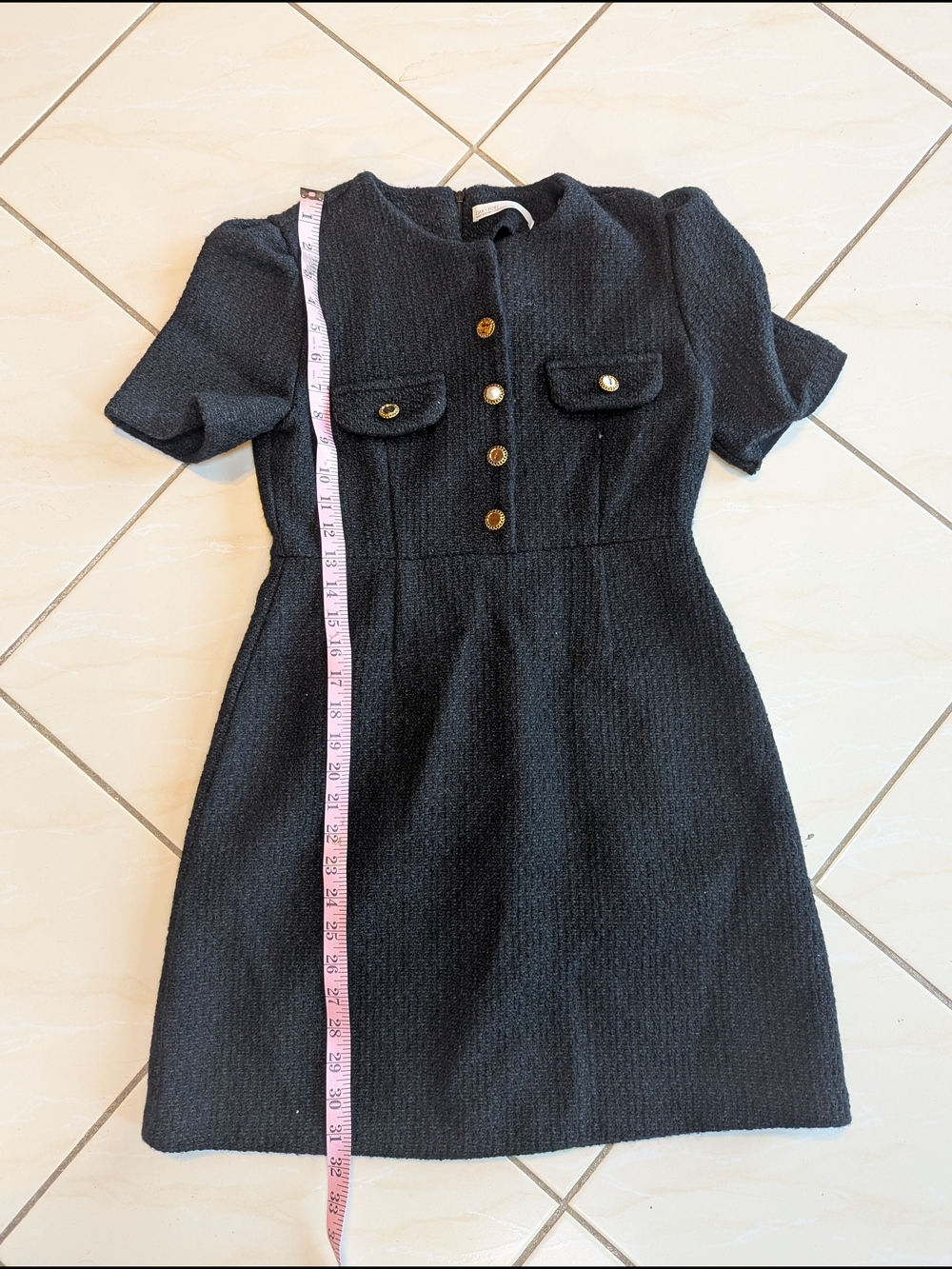 OAK + FORT Black Textured Mini Dress with Gold Buttons